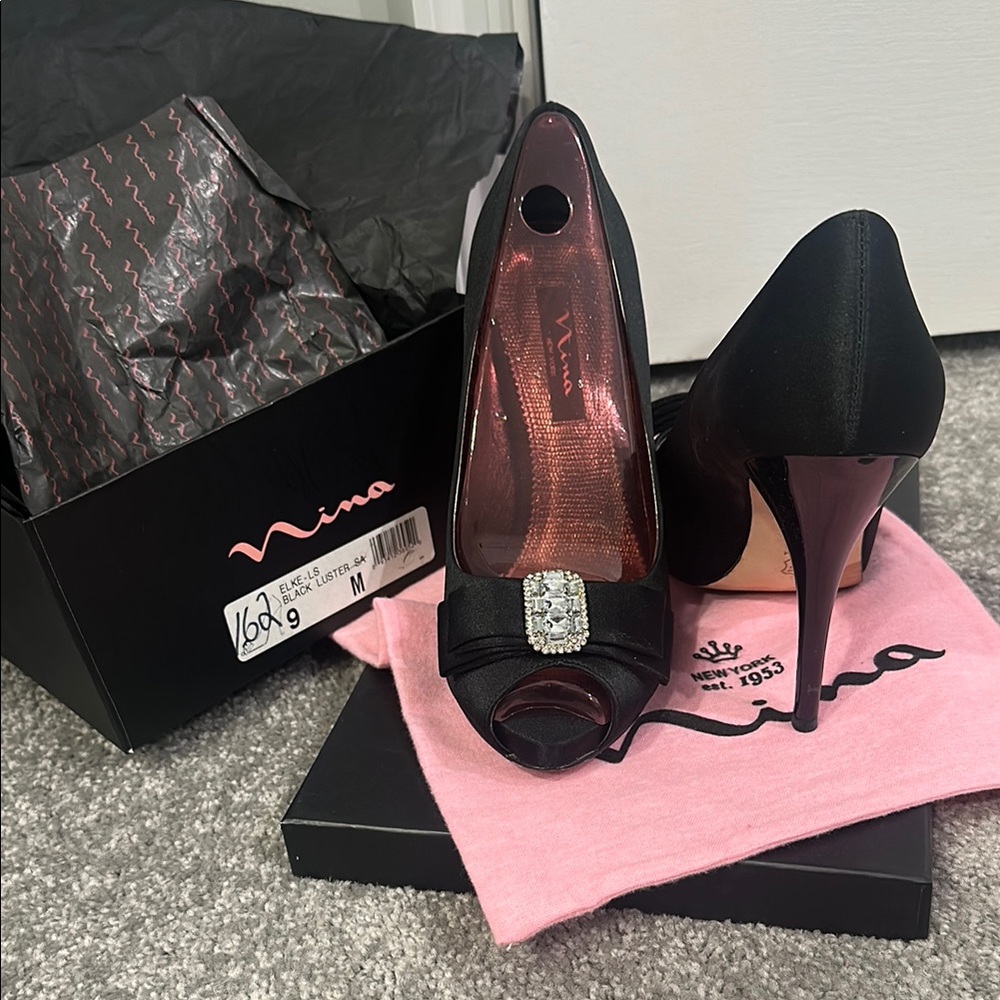 Nina Black Satin Peep-Toe Heels
